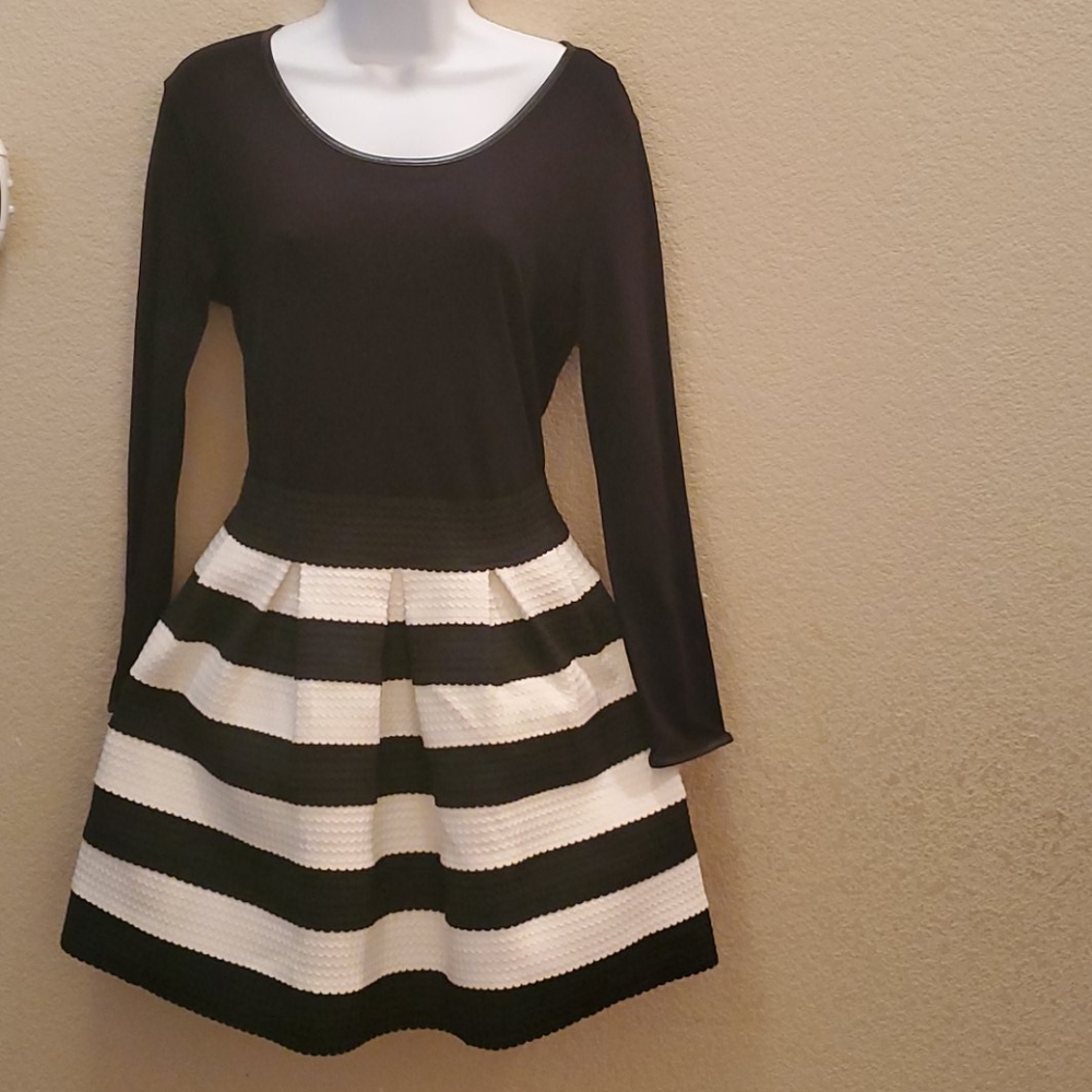 Black & White Striped Skater Dress - XL - Preppy 60s Mod Long Sleeve Fit & Flare